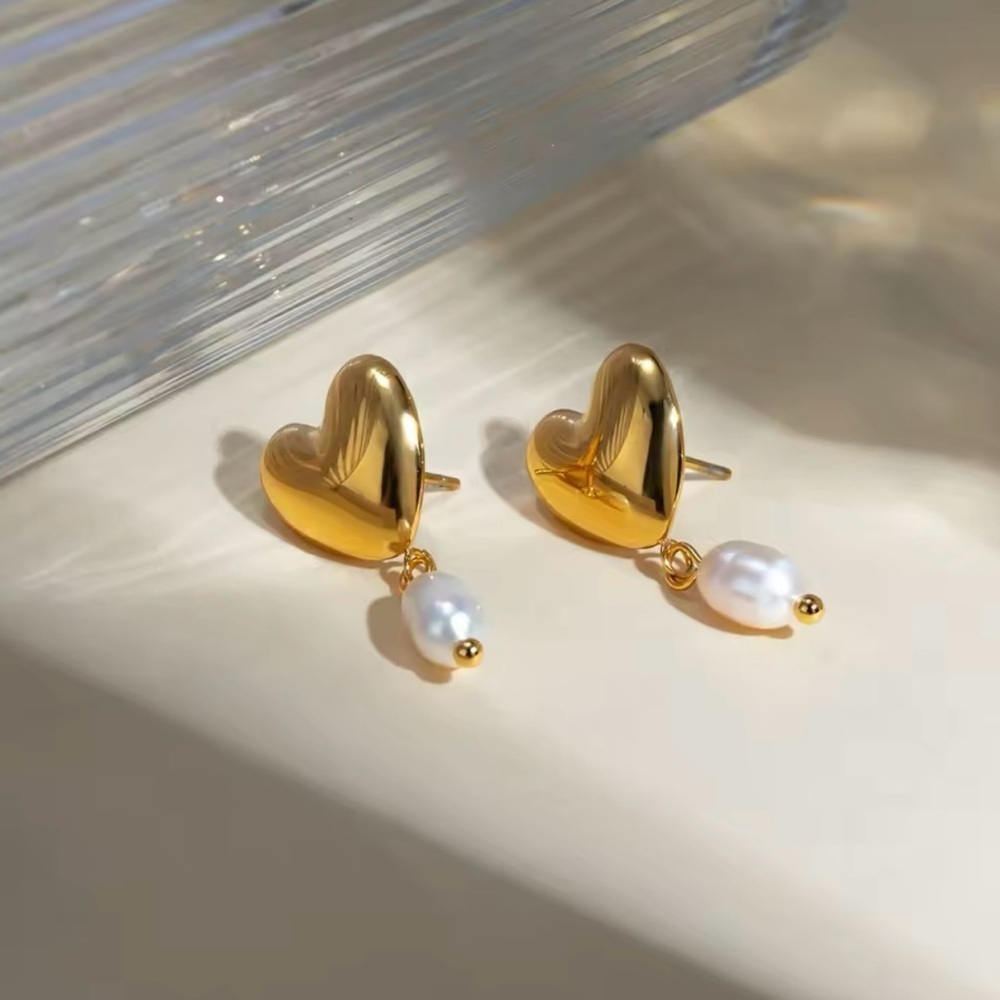 18k Gold Plated Heart Pearl Pendant Earrings